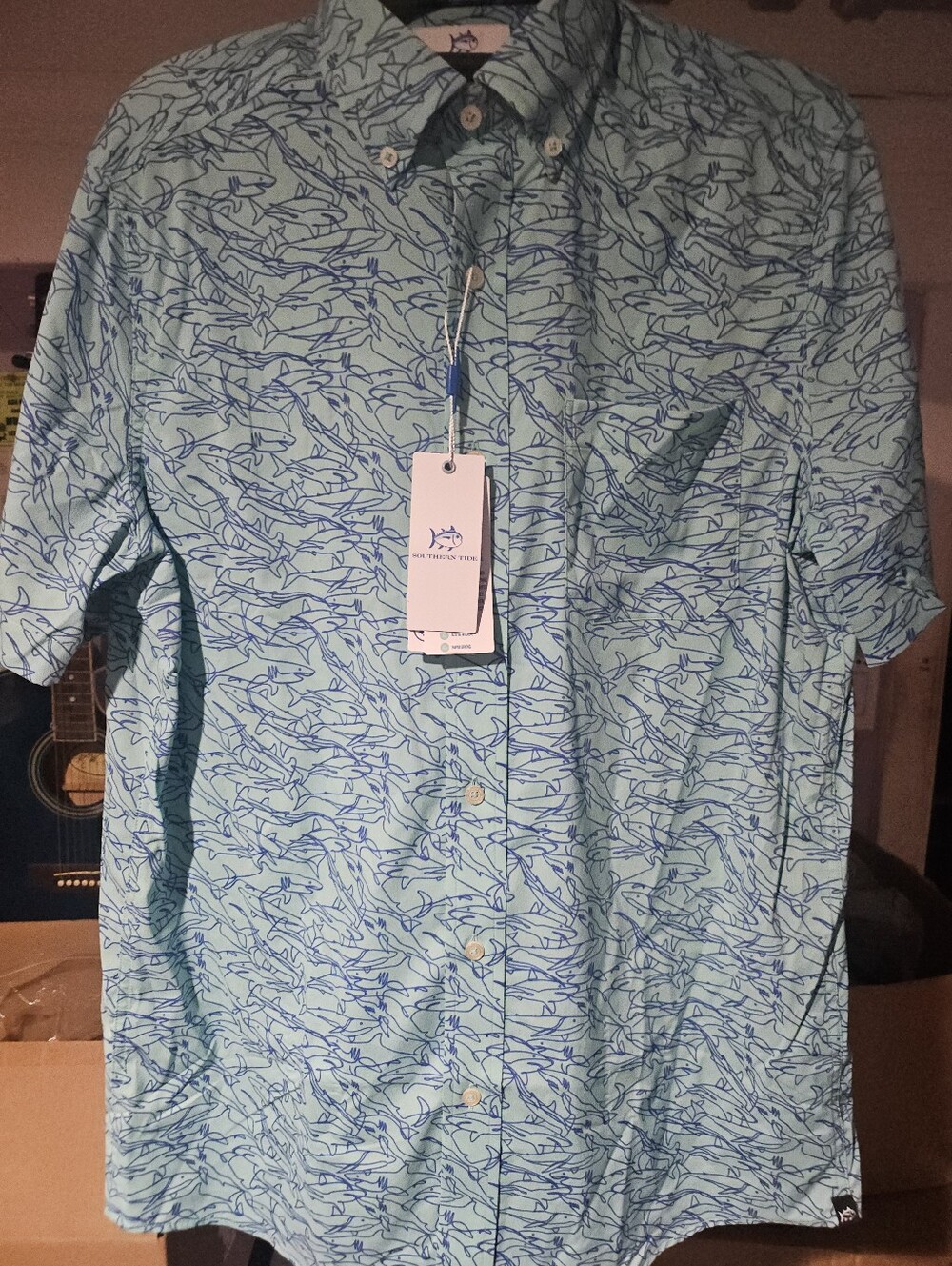 Southern Tide Light Aqua Short-Sleeve Button-Down with Navy Fish Print